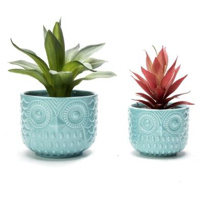 China Modern Ceramic Turquoise Owl Succulent Planter Pots with Drainage Set of 2 for sale