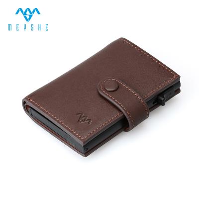 China Custom Two Color Genuine Leather RFID Blocking Aluminum Name Card Holder Wallet for sale