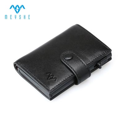 China Automatic RFID Genuine Leather Metal Pop Up Box Business Card Holder Wallet for sale