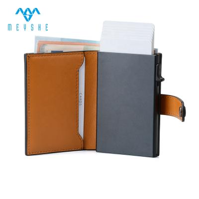 China RFID Genuine Leather Automatic Pop Up Slim Mini Button Bifold Card Holder for sale