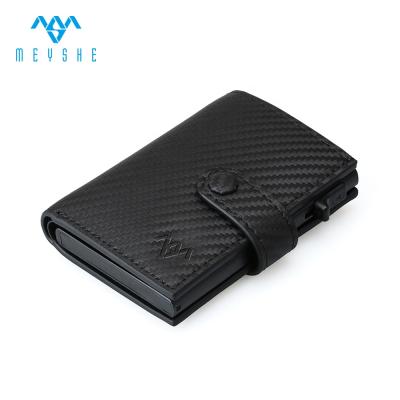 China Automatic RFID Carbon Genuine Leather Fiber Pop Up Mini Credit Card Holder Wallet for sale