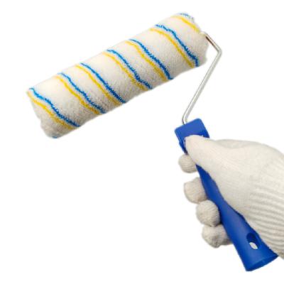 China 10 Inch Polyester Yellow-Blue Striped Flannel Handle Wall Painting Blue Plastic Paint Brush for sale