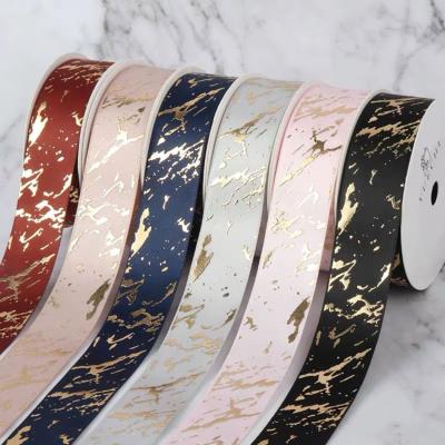 China Recycled Materials Personalized Solid Grosgrain Ribbon Roll Gold Texture Marble Ribbons For Gift for sale