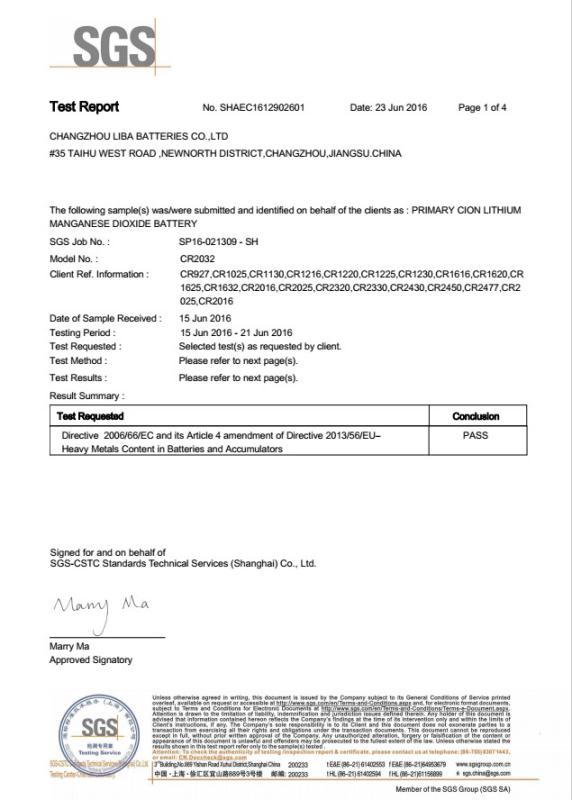 SGS - Changzhou Lithium Batteries Co .,Ltd.