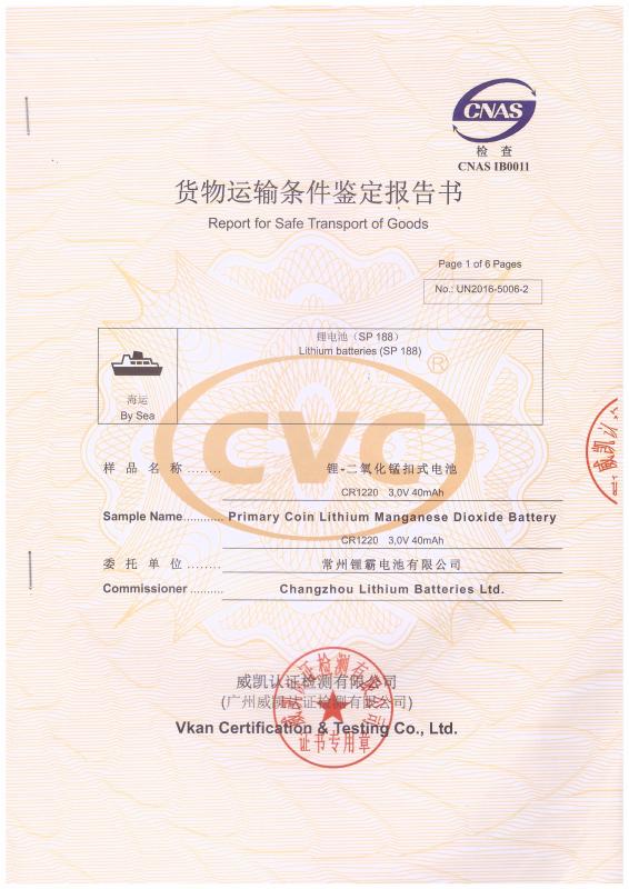 Report for Safe Transport of Goods - Changzhou Lithium Batteries Co .,Ltd.