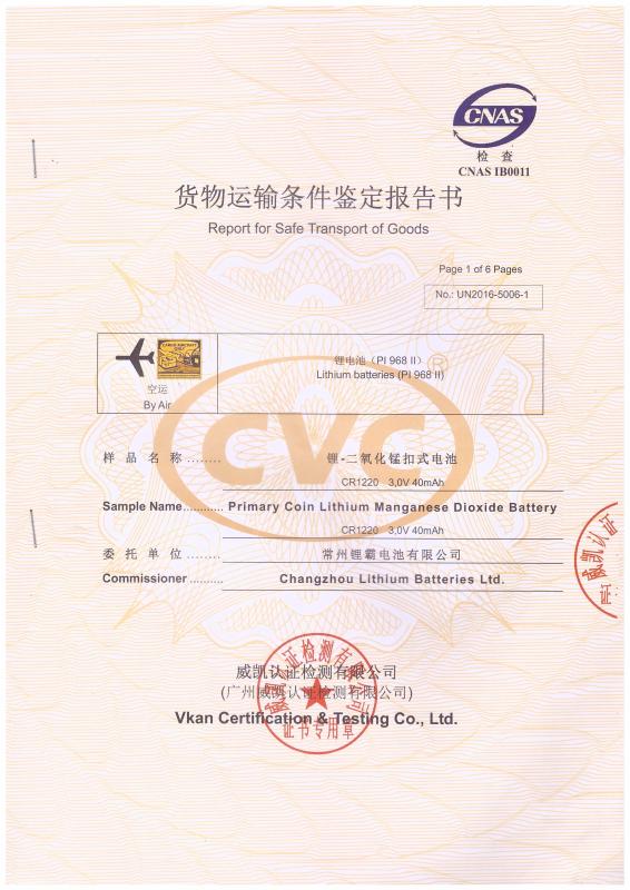 Report for Safe Transport of Goods - Changzhou Lithium Batteries Co .,Ltd.