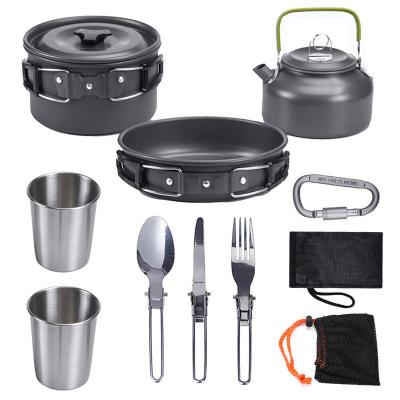 China Portable outdoor set of pots and teapots 2 or 3 people set three piece set camping pots and teapots cookware combination for sale