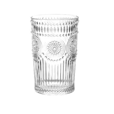 China Traditional Luxury Sunflower Embossed Eco Friendly Round Glass Coffee Water Juice Cup for sale