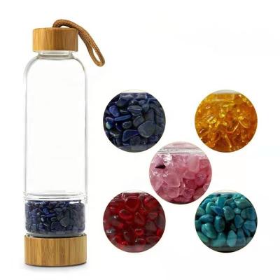 China Wholesale Viable Bamboo Glass Crystal Infused Crystal Water Bottle Gemstone Healing Water Bottle Cap for sale