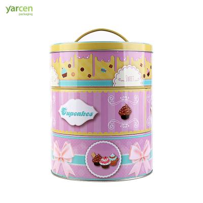 China 4C Printing / Customized Low Price Combination Custom 3 Pcs Round Gloss Finish Tea Tin Box With Handle for sale