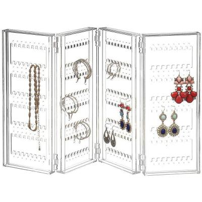 China 256 Holes Double Sided Acrylic Earrings Display Rack Necklace Display Holder 4 Doors Foldable Hanging Jewelry Organizer for sale