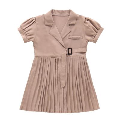 China Fashion Short Sleeve Summer Girls Casual Dress Breathable V-Neck Girls Pleated Dress Solid Khaki for sale