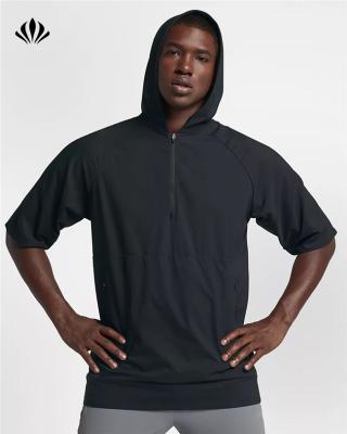 China Custom Anti-Wrinkle Fitness Polyester Mens Zipper Shorts Half Sleeve Hoodies Black Gym Streetwear Hoodies for sale