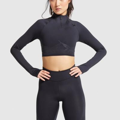 China Custom Printed Women's Breathable Gym Crop Top 1/4 Long Sleeve Zipper Yoga Fitness Shirt With Thumb Notches for sale