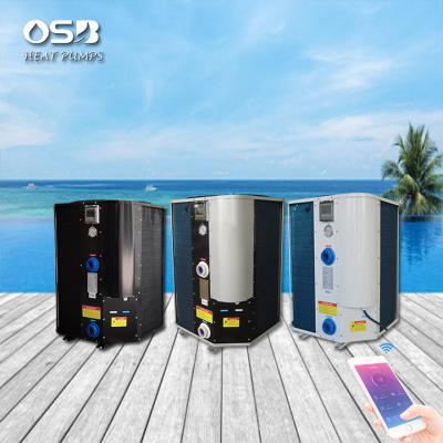 China 10-28KW high efficiency outdoor wifi fan swimming pool fridge heat pump remote control top water heater with titanium heat exchanger for sale