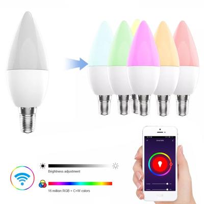 China Warehouse Alexa Amazon tuya smart phone control wifi RGB led candle bulb dimmer 5W E14 e14 smart colorful led bulb for sale