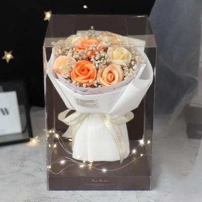 China Good smell handmade rose+preserved soap flower bouquet with PVC box and ribbon for birthday gift for sale