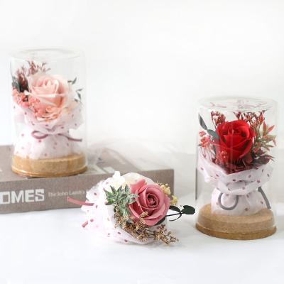 China Good smell artificial rose+dried mini soap flower handmade bouquet in glass dome rose gift factory wholesale for sale