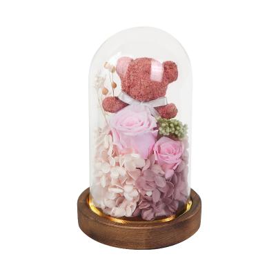 China Festival Gift High Quality Glass Dome Preserved Rose Flower With Bear For Glass Lover's Gift for sale