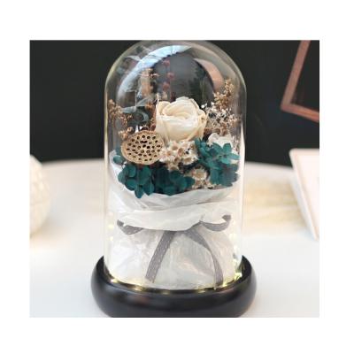 China Festival Gift Luxury Durable Birthday Gift Led Preserved Flowers In Glass Dome for sale