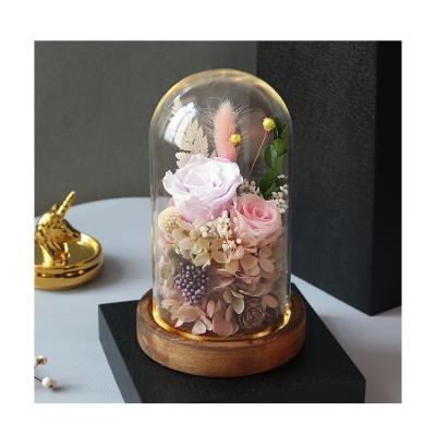 China Festival Gift Factory Price Sales Led Preserved Rose Flowers In A Glass Dome for sale