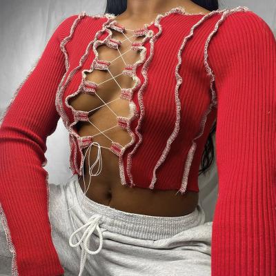 China Autumn New Hollow Out Sexy Breathable Knitting Women Lace Up Blouse Tops Causal Long Sleeve Tops Club Shirt for sale