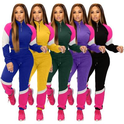 China QUICK DRY Winter Casual Sport Women Two Piece Set Color Blocking Zipper Sweat Suits Jogger Set for sale