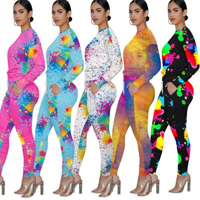 China Autumn women's anti-pilling set women tie dye printing two-piece panties set long sleeve sweat suits stacked pants set for sale