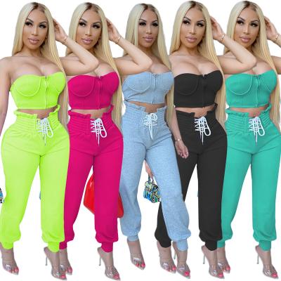 China Anti-Wrinkle Women Off Shoulder Zipper Backless Sleeveless Tube Top Strap Sports Panty Two Piece Set for sale