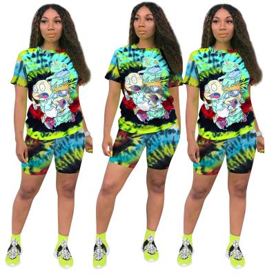 China Anti-Wrinkle Summer Women Tie Dye Sports Cardboard Two Piece Sets T Shirts Outfits Shorts Set for sale