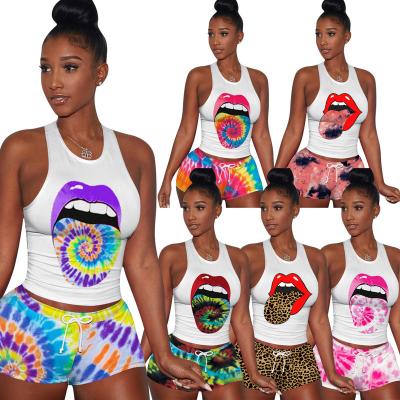 China Anti-Wrinkle Size S-4XL Ladies Tie Dye Leopard Lip Print Tank Top Biker Plus Shorts Women Two Piece Set for sale