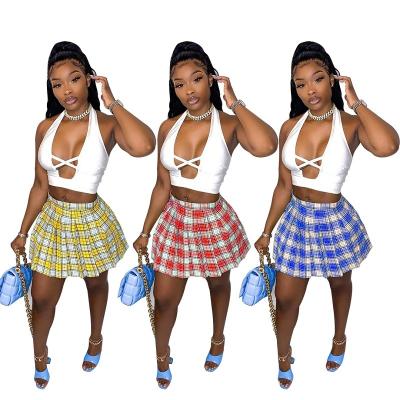 China 2022 Anti-Static Summer Dress Plaid Printed 2 Piece Outfits Set Pleated Mini Skirts Women Short Skirt Two Piece Set for sale