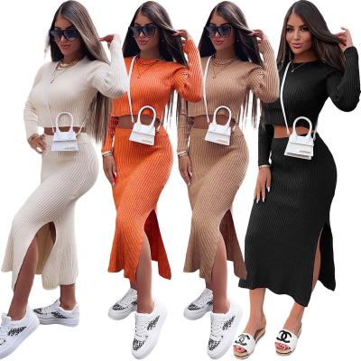 China Autumn Winter New Fashion Women's Anti-pilling Dress Sets Knitted Long Sleeve Split 2 Piece Dress Long Casual Dress Set Set for sale