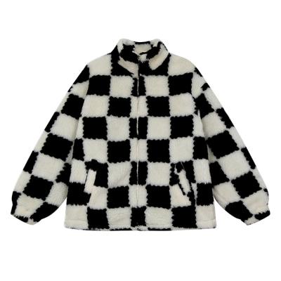 China Breathable Plaid Checkerboard Pattern Stand Collar Printed Plus Size Women Sherpa Fleece Jacket Women for sale