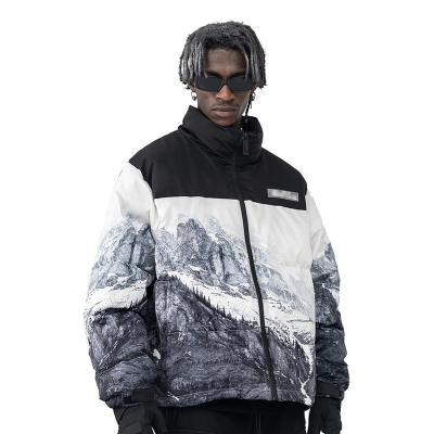 China Custom Breathable Mens Snow Mountain Printed Winter Duck Down Feature Winter Stripper Bubble Jackets Coats for sale