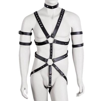 China PU Body Bondage Harness PU Leather Belt Arm Handcuffs Neck Collar Men's BDSM Costume Restraints for sale