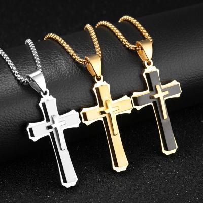 China CLASSIC Stainless Steel Cross Pendant Necklace For Men Teen Boys Jewelry Jesus Cross Crucifix Necklaces Box Chain for sale