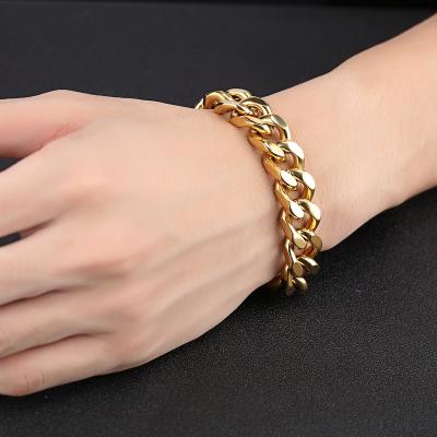 China CLASSIC Logo Engraved 14K Gold Plated Men'S Cuban Stainless Steel Link Bracelet for sale