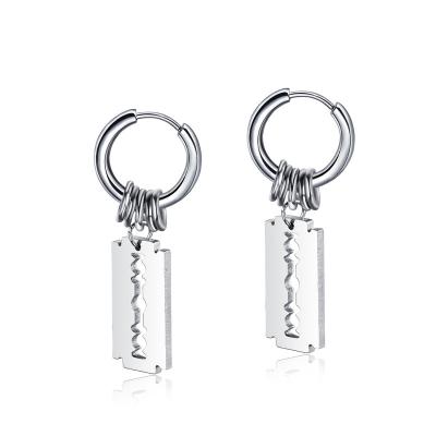 China CLASSIC Hiphop Jewelry Stainless Steel Rectangle Hollow Men Silver Hiphop Nice Razor Blade Earrings for sale