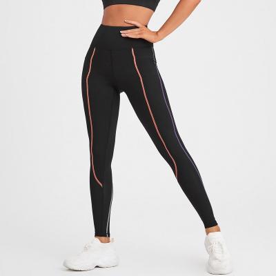 China Breathable Women Stripe Contrast Color Stripe Print Pants Long Bottoms Sports Tops Elastic Shiny Tight Sporty Pants Trousers for sale