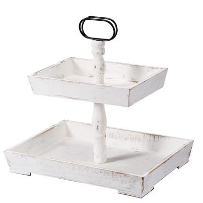 China New design 2022 amazon hot sales Wholesale 2 Tier Rustic Vintage Rectangle Wooden Cakes Desserts Fruits Platter for sale