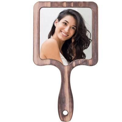 China New design 2022 amazon hot sales Bedroom Desk Antique Square Wooden Handheld Vanity Mirror with Handle for Women for sale