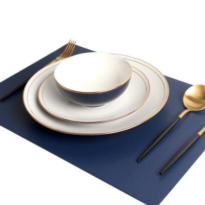 China Modern Blue Turkish Dinnerware Rim Dinner Plates Set 16pcs Gold Bone China Fine Viable Porcelain Sets Ceramic for sale