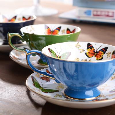 China Viable High Quality Colored Gold Rim Porcelain Ethiopian Coffee Cup Butterfly Sets Ceramic Tea Cup Saucers Sets for sale