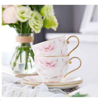 China Sustainable High End Gold Rim Pink Rose Printing Porcelain Coffee Cup Sets Ceramic Tea Cups And Saucers Sets for sale