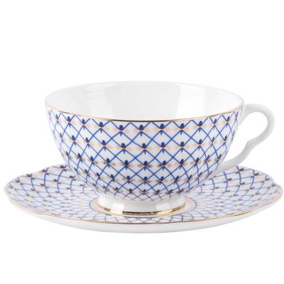 China Viable Blue Gold Rim Afternoon Royal Ceramic Cup and Saucer Set Porcelain Teacup Sets for sale