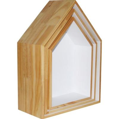 China Sustainable Wall Shelf House Shaped Wooden Floating Display Stand Set For Home Decoration for sale