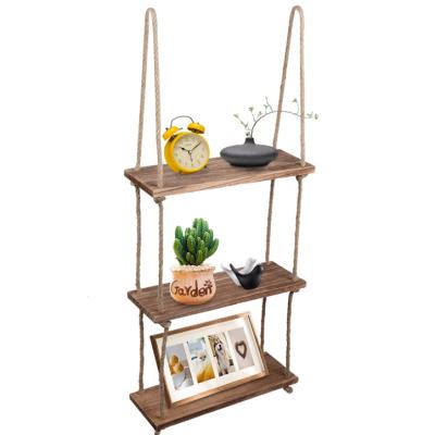 China Hanging Wall Stocked Shelves Bamboo Swing Rope Shelf 3 Tier Storage Floating Hanging Shelves For Living Room/Bedroom/Bathroom/Kitchen for sale