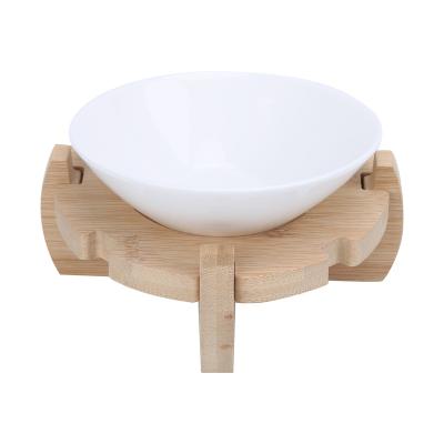 China Sustainable Removable Bamboo Cat Food Bowl With Wooden Bowls And Feeders Cat Dog Bowl Elevated Ceramic Pet Food Holder for sale