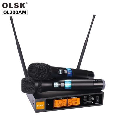 China Professional Handheld Karaoke MIC 160M Dual Channel Dynamic UHF Wireless Microphone System OL200AM with Handheld Mics 6.3mm LXR Jack for sale